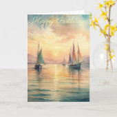 セーリングボートinサンセット誕生日カード カード (黄色い花)