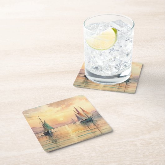 セーリングボートinサンセット スクエアペーパーコースター (インサイチュ)