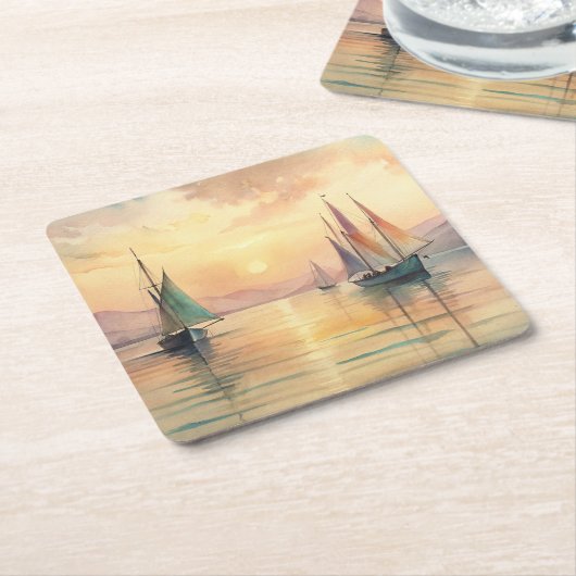 セーリングボートinサンセット スクエアペーパーコースター (アングル)