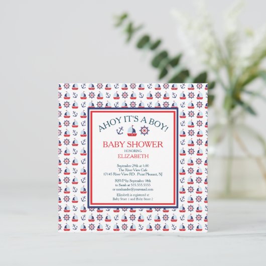 セーリングモダンボーイ航海のベビーシャワー招待状 招待状 (スタンド正面)