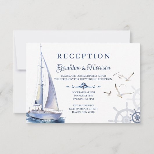 セーリング航海のヨットウェディングレセプションカード 招待状 (正面)