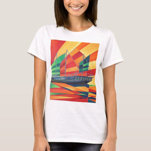 セールジャンク遠くにプレジャーボート Tシャツ (正面)