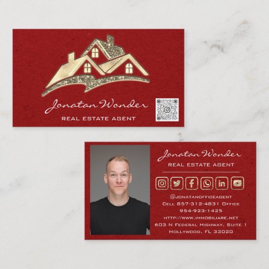 セールハウスソーシャルメディアロゴエステート実在エージェントレッド 名刺 (正面/裏面)