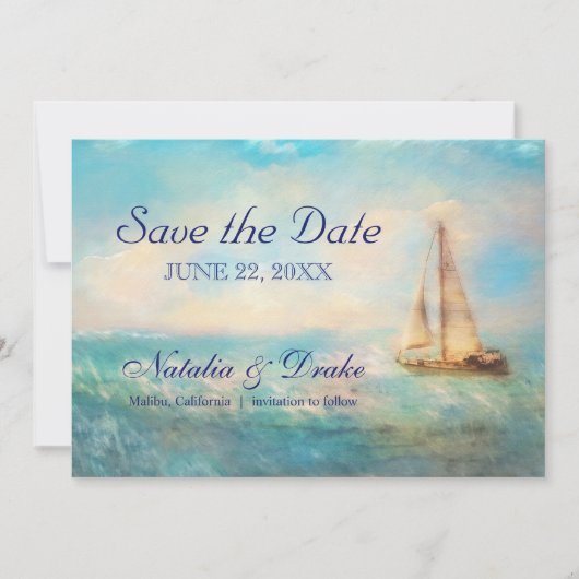セールボート シー | 海洋 水彩 結婚式 セーブザデート (正面)