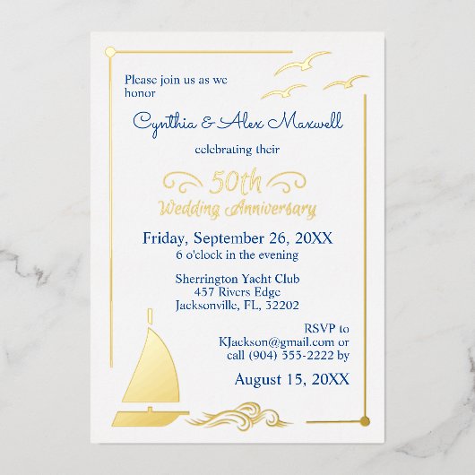 セールボート 50周年 結婚記念日 ゴールド 箔招待状 (正面)