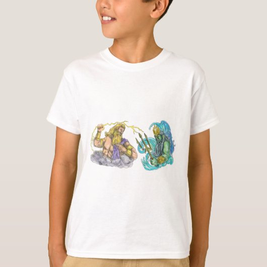 ゼウスの落雷対Poseidonの三叉の矛の入れ墨 Tシャツ (正面)