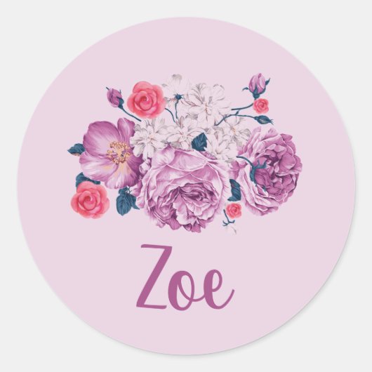 ゼオ 名前 花 カスタム ヴィンテージ フラワー ピンク ガール ラウンドシール (正面)