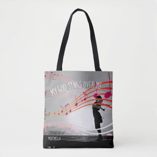 ゼファニヤ3:17わたしの神は私の上で歌う灰色のクリスチャン トートバッグ (正面)