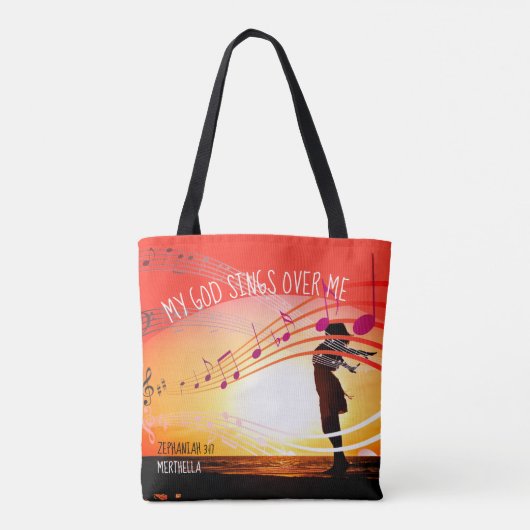 ゼファニヤ3:17わたしの神は私の上で歌う赤いクリスチャン トートバッグ (裏面)