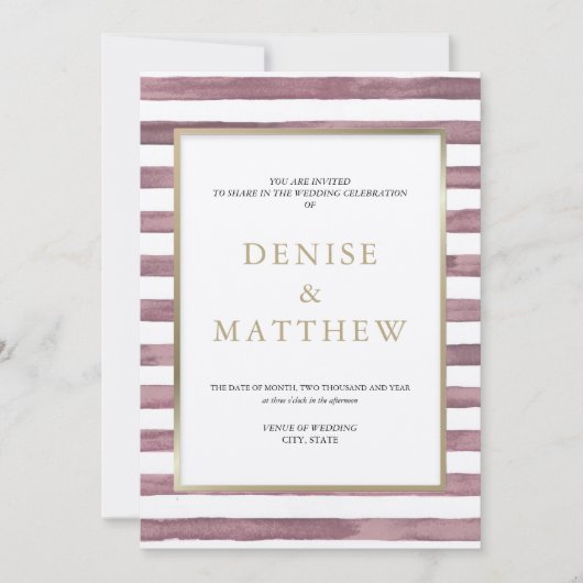 ゼファー ピンク ウォーターカラー ストライプ & ゴールド レタリング I 招待状 (正面)