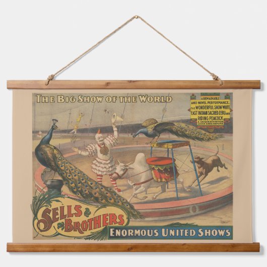 ゼブとピーコックのピエロ訓練士 吊り下げ型タペストリー (正面)