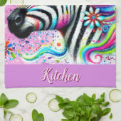 ゼブラお洒落フローラピンクティール（緑がかった色）グリーンデイジー キッチンタオル (折り畳み)