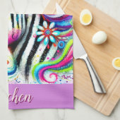 ゼブラお洒落フローラピンクティール（緑がかった色）グリーンデイジー キッチンタオル (四つ折り)