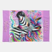 ゼブラお洒落フローラピンクティール（緑がかった色）グリーンデイジー キッチンタオル (横)