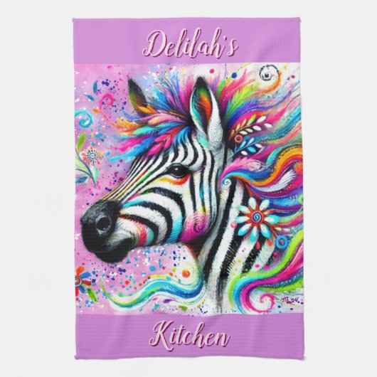 ゼブラお洒落フローラピンクティール（緑がかった色）グリーンデイジー キッチンタオル (縦)