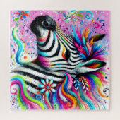 ゼブラお洒落フローラピンクティール(緑がかった色)グリーンデイジー ジグソーパズル (横)