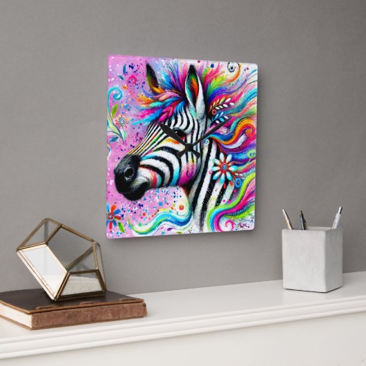 ゼブラお洒落フローラピンクティール（緑がかった色）グリーンデイジー スクエア壁時計 (オフィス)