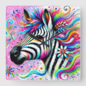 ゼブラお洒落フローラピンクティール（緑がかった色）グリーンデイジー スクエア壁時計 (正面)