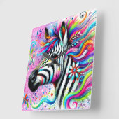 ゼブラお洒落フローラピンクティール（緑がかった色）グリーンデイジー スクエア壁時計 (傾斜)