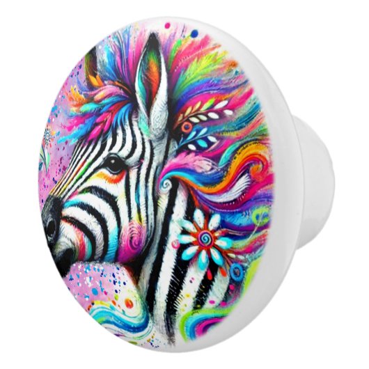 ゼブラお洒落フローラピンクティール（緑がかった色）グリーンデイジー セラミックノブ (右)