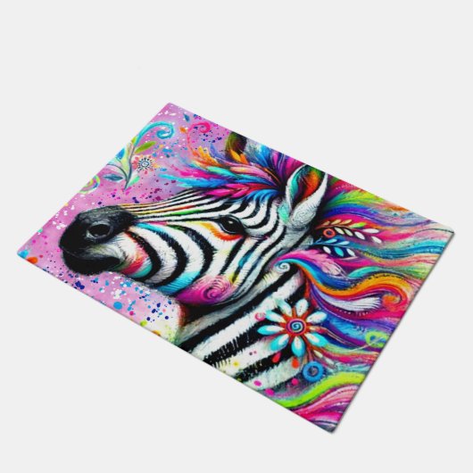 ゼブラお洒落フローラピンクティール（緑がかった色）グリーンデイジー ドアマット (アングル)