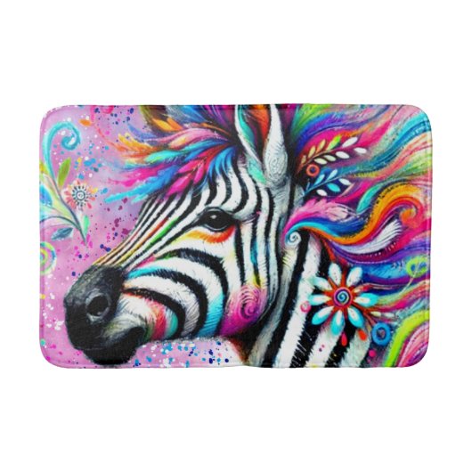 ゼブラお洒落フローラピンクティール（緑がかった色）グリーンデイジー バスマット (正面)