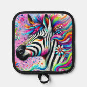 ゼブラお洒落フローラピンクティール（緑がかった色）グリーンデイジー 鍋敷き (正面)