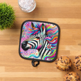 ゼブラお洒落フローラピンクティール（緑がかった色）グリーンデイジー 鍋敷き