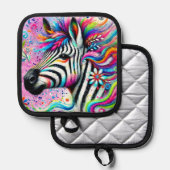 ゼブラお洒落フローラピンクティール（緑がかった色）グリーンデイジー 鍋敷き (正面/裏面)