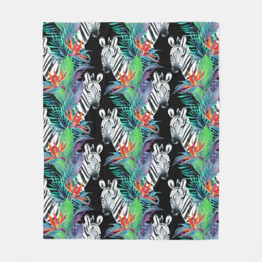 ゼブラとエキゾチックな花の模様 フリースブランケット (正面)