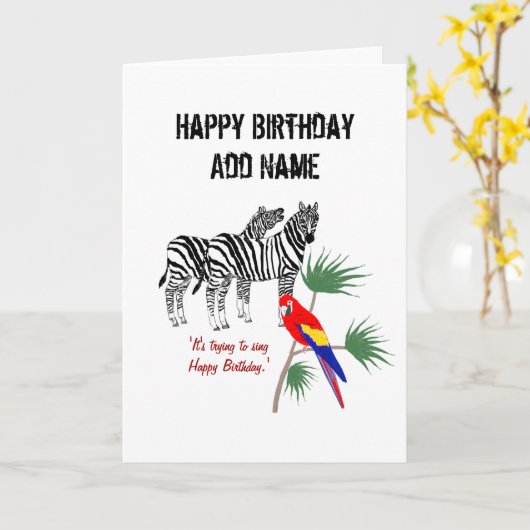 ゼブラとオウムのペア、誕生日カスタマイズ、 カード (黄色い花)