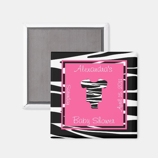 ゼブラとピンクの服の赤ちゃんシャワーのお願い マグネット (正面/裏面)