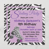 ゼブラと紫のローラースケートで滑るパーティの招待状 招待状 (正面/裏面)