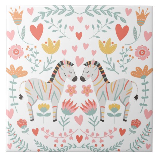 ゼブラと花スカンジカラフルナビアフォークアート タイル (正面)
