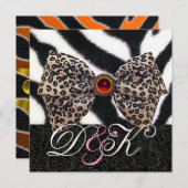 ゼブラの毛皮、ヒョウの皮のボウ、ブラックダマスクのモノグラム 招待状 (正面/裏面)