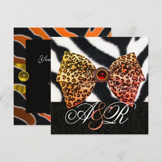 ゼブラの毛皮、ヒョウの皮のボウ、ブラックダマスクのモノグラム 招待状 (正面/裏面)