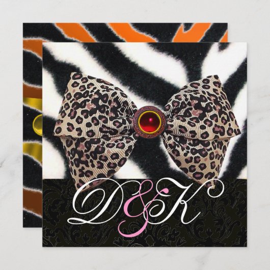 ゼブラの毛皮、豹の皮の弓、黒のダマスクのモノグラム 招待状 (正面/裏面)