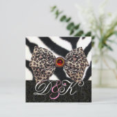 ゼブラの毛皮、豹の皮の弓、黒のダマスクのモノグラム 招待状 (スタンド正面)