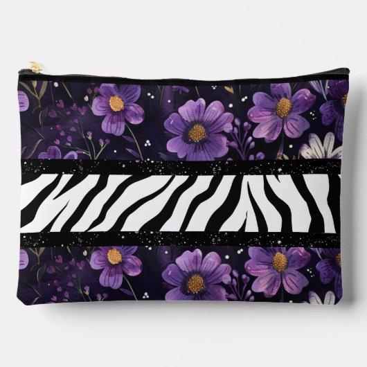ゼブラはっきりしたパープルフローラブラック色トートバッグ アクセサリーポーチ (正面)