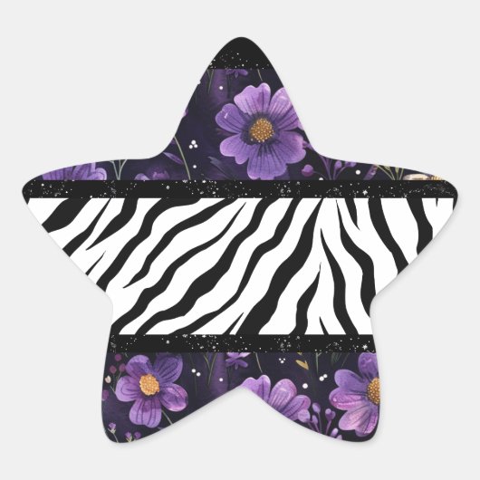 ゼブラはっきりしたパープルフローラブラック色トートバッグ 星シール (正面)