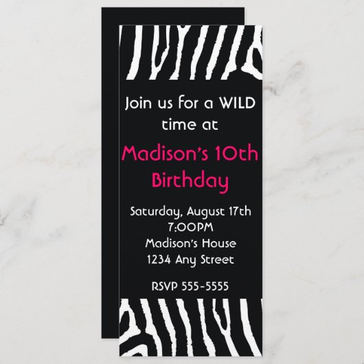 ゼブラアニマルプリントロングバースデーパーティーの招待 招待状 (正面/裏面)