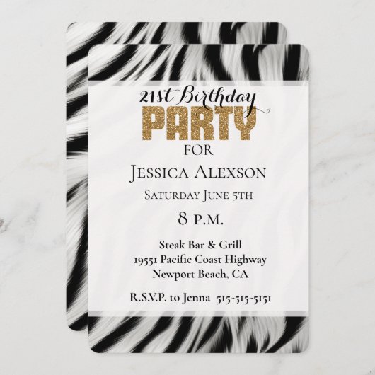 ゼブラアニマルプリント金ゴールドグリッター21歳の誕生日 招待状 (正面/裏面)