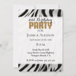 ゼブラアニマルプリント金ゴールドグリッター21歳の誕生日 招待状