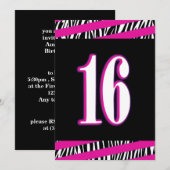 ゼブラアンドピンクスウィート16誕生日招待状 招待状 (正面/裏面)