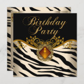 ゼブラエレガントカラメルアンバーブラック金ゴールド誕生日 招待状 (正面/裏面)