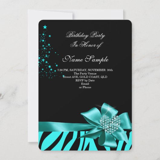 ゼブラエレガントティール（緑がかった色）銀ハートジュエル誕生日 招待状 (裏面)