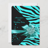 ゼブラエレガントティール(緑がかった色)銀ハートジュエル誕生日 招待状 (正面)