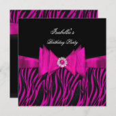 ゼブラエレガントバースデーパーティーホットピンクブラック 招待状 (正面/裏面)