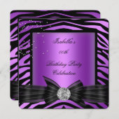 ゼブラエレガントパープルダイヤモンドボウ誕生日パーティー 招待状 (正面/裏面)