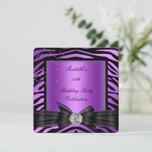 ゼブラエレガントパープルダイヤモンドボウ誕生日パーティー 招待状 (スタンド正面)